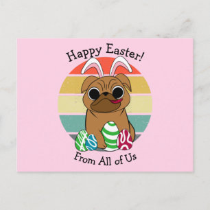 Happy Easter Cute Pug w Bunny Ears & Colorful Eggs Briefkaart