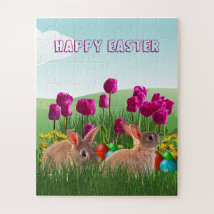 Happy Easter Cute Rabbit Tulips en Colored Eggs Legpuzzel