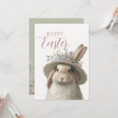 Happy Easter Cute Waterverf Floral Bunny Rabbit Kaart (Voorkant / Achterkant in situ)