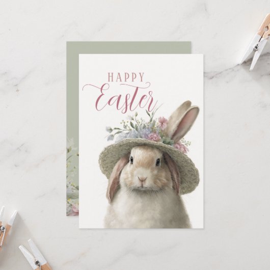 Happy Easter Cute Waterverf Floral Bunny Rabbit Kaart (Voorkant / Achterkant in situ)