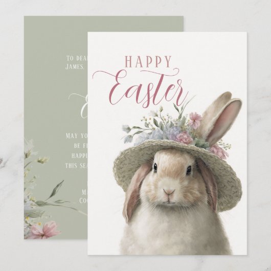 Happy Easter Cute Waterverf Floral Bunny Rabbit Kaart (Voorkant / Achterkant)