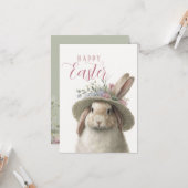 Happy Easter Cute Waterverf Floral Bunny Rabbit Kaart (Voorkant / Achterkant in situ)