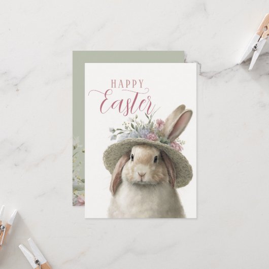 Happy Easter Cute Waterverf Floral Bunny Rabbit Kaart (Voorkant / Achterkant in situ)