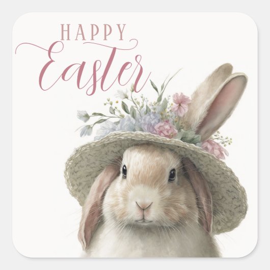 Happy Easter Cute Waterverf Floral Bunny Rabbit Vierkante Sticker (Voorkant)
