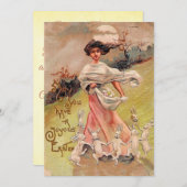 Happy Easter  dansen Konijnen Meisje w Mand Feestdagenkaart (Voorkant / Achterkant)