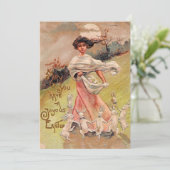 Happy Easter  dansen Konijnen Meisje w Mand Feestdagenkaart (Staand voorkant)