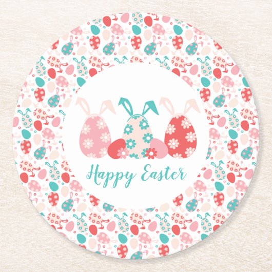 Happy Easter Decorated Eggs Bunny Ears Ronde Kartonnen Onderzetter (Voorkant)