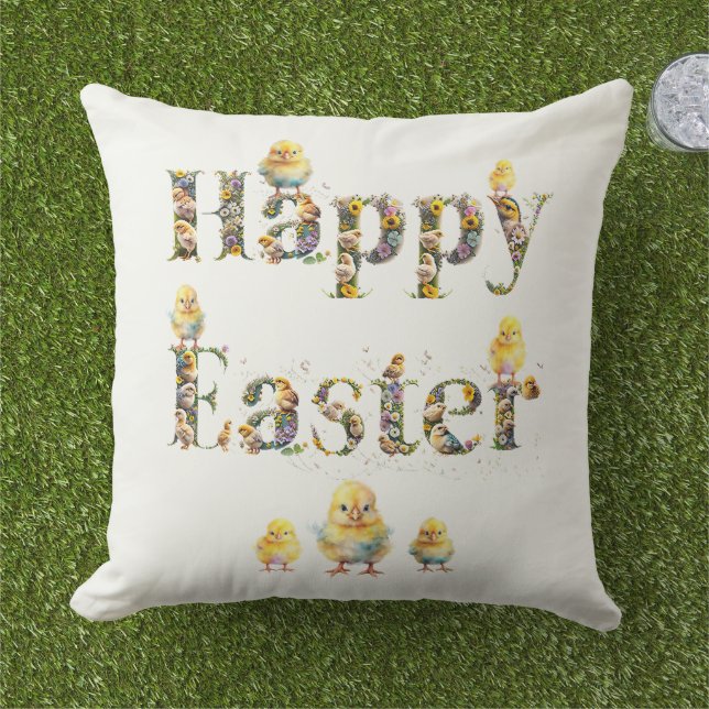 Happy Easter Decoratieve tekst Baby Chics Buitenkussen (Gras)