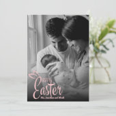 Happy Easter Decorative Pink Script Custom Photo Feestdagenkaart (Staand voorkant)