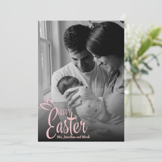 Happy Easter Decorative Pink Script Custom Photo Feestdagenkaart (Staand voorkant)