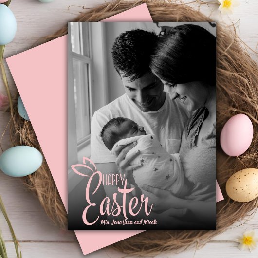 Happy Easter Decorative Pink Script Custom Photo Feestdagenkaart