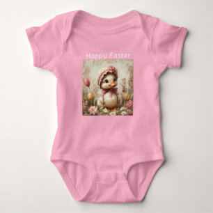 Happy Easter Duckling Pink Bonnet Tulips Daisies Romper
