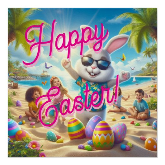 Happy Easter Easter Bunny on Beach  Perfect Poster (Voorkant)