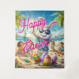 Happy Easter Easter Bunny on Beach Tapestry Wandkleed
