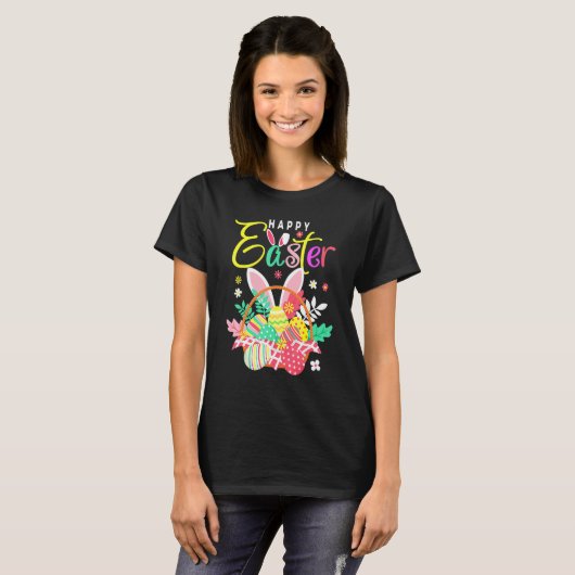 Happy Easter Egg Basket Bunny Ears T-shirt (Voorkant volledig)