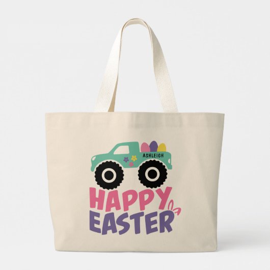Happy Easter Egg Girly Truck Modern Name Grote Tote Bag (Achterkant)