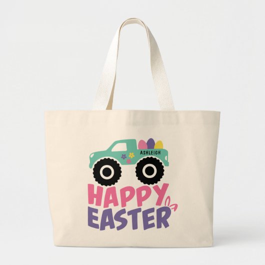 Happy Easter Egg Girly Truck Modern Name Grote Tote Bag (Voorkant)