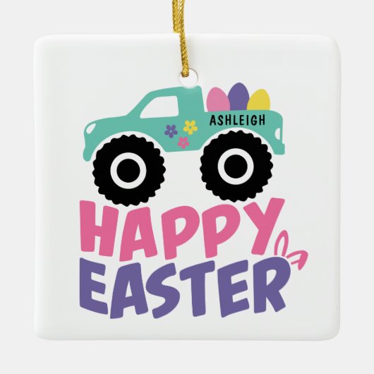 Happy Easter Egg Girly Truck Modern Name Keramisch Ornament (Voorkant)