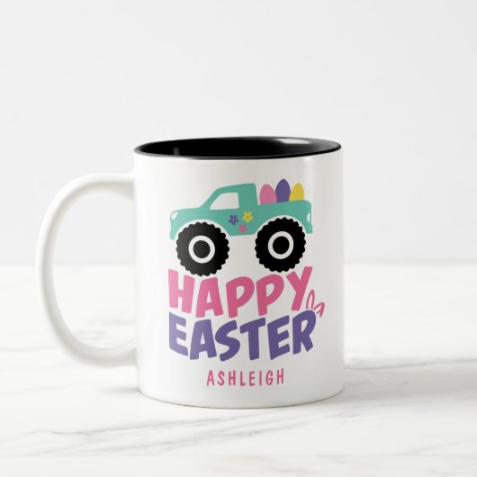 Happy Easter Egg Girly Truck Modern Name Tweekleurige Koffiemok (Links)