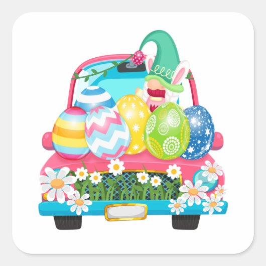 Happy Easter Egg Gnomes Bunny Truck Vierkante Sticker (Voorkant)