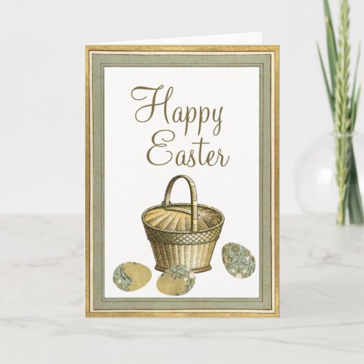 Happy Easter Eggs Basket Gold Lijst Feestdagen Kaart (Voorkant)