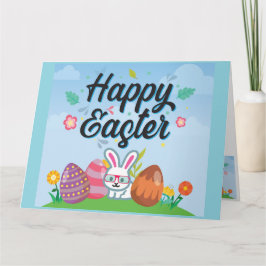 Happy Easter Eggs Bunny & Flowers Kaart