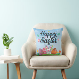Happy Easter Eggs Bunny & Flowers Kussen