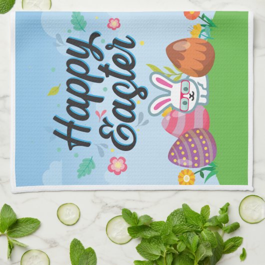 Happy Easter Eggs Bunny & Flowers Theedoek (Gevouwen)