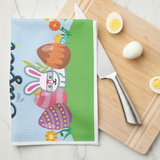 Happy Easter Eggs Bunny & Flowers Theedoek (Quarter Fold)