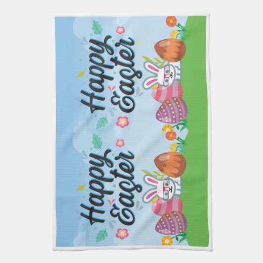 Happy Easter Eggs Bunny & Flowers Theedoek (Verticaal)