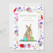 Happy Easter Eggs en Schattige Bunny Floral Feestdagenkaart (Voorkant)