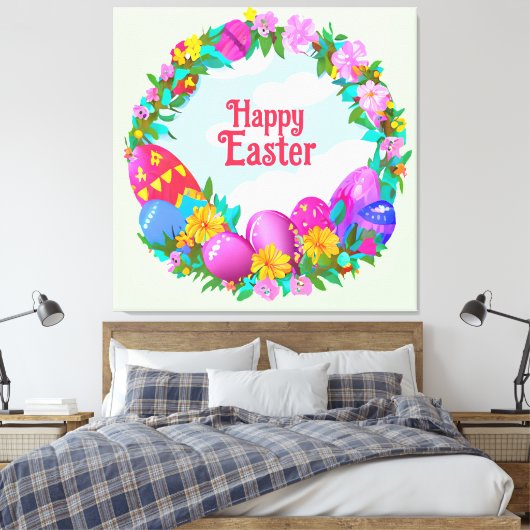 Happy Easter Eggs Floral Wreate Canvas Afdruk (Insitu (Slaapkamer))