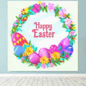 Happy Easter Eggs Floral Wreate Canvas Afdruk (Insitu (Houten vloer))