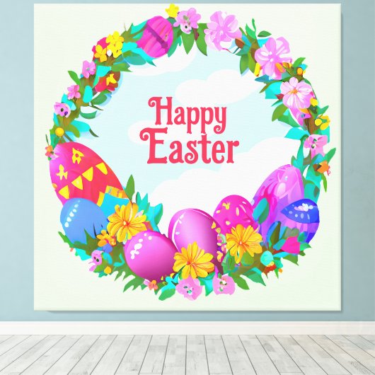 Happy Easter Eggs Floral Wreate Canvas Afdruk (Insitu (Houten vloer))