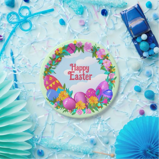 Happy Easter Eggs Floral Wreate Papieren Bordje (Feest)