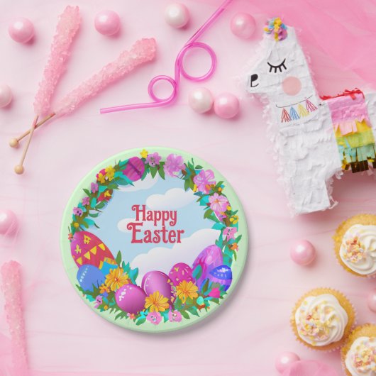Happy Easter Eggs Floral Wreate Papieren Bordje (Feest)