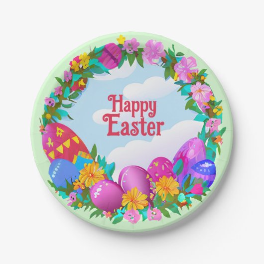 Happy Easter Eggs Floral Wreate Papieren Bordje (Voorkant)