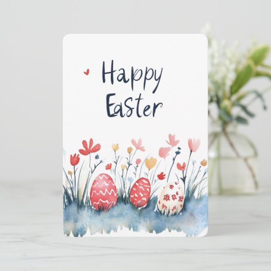 Happy Easter Eggs Waterverf Rood Feestdagenkaart (Staand voorkant)