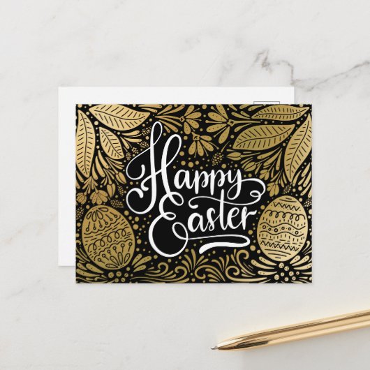 Happy Easter Elegant Boho Black en Gold Briefkaart (Voorkant / Achterkant in situ)
