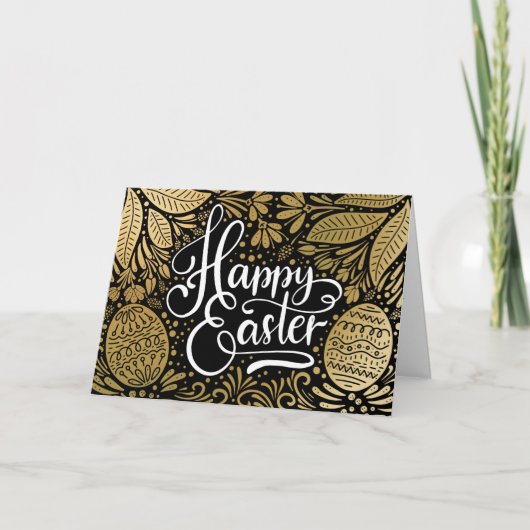 Happy Easter Elegant Boho Black en Gold Feestdagen Kaart (Voorkant)