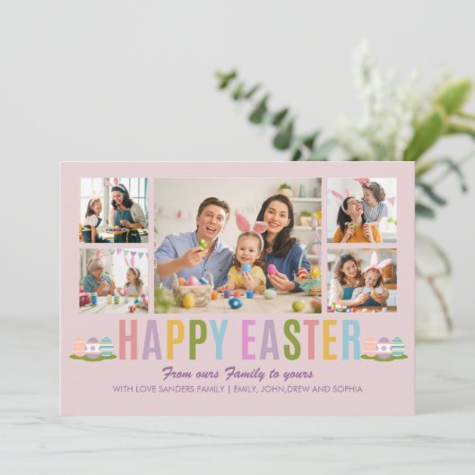 Happy Easter Family Photo Collage Pink Kaart (Staand voorkant)