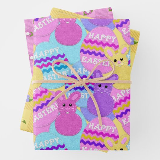 Happy Easter Felt look Bunnies Eggs and Pattern Inpakpapier Vel (In situ)