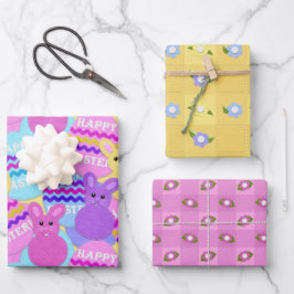 Happy Easter Felt look Bunnies Eggs and Pattern Inpakpapier Vel