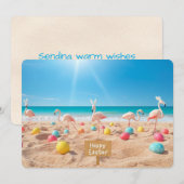 Happy Easter Flamingo Easter Egg Hunt on Beach Feestdagenkaart (Voorkant / Achterkant)