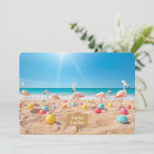 Happy Easter Flamingo Easter Egg Hunt on Beach Feestdagenkaart (Staand voorkant)