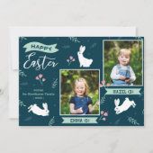 "Happy Easter" floral 2 Photo turquoise Bunny Feestdagenkaart (Voorkant)