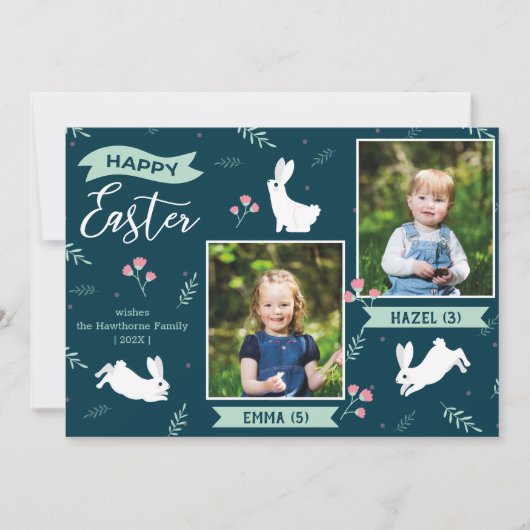 "Happy Easter" floral 2 Photo turquoise Bunny Feestdagenkaart (Voorkant)