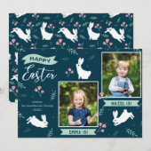 "Happy Easter" floral 2 Photo turquoise Bunny Feestdagenkaart (Voorkant / Achterkant)
