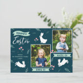 "Happy Easter" floral 2 Photo turquoise Bunny Feestdagenkaart (Staand voorkant)