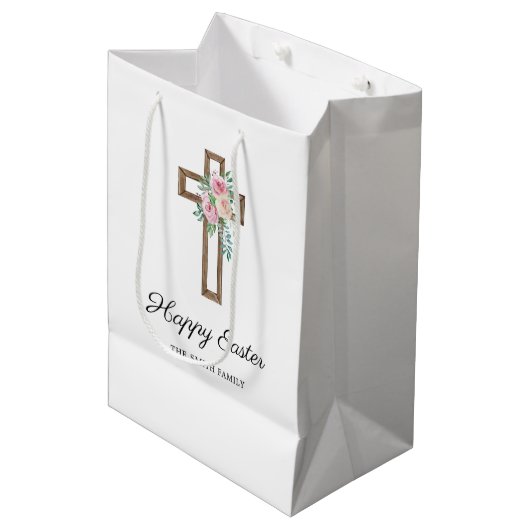 Happy Easter Floral Cross Medium Cadeauzakje (Voorkant Gekanteld)